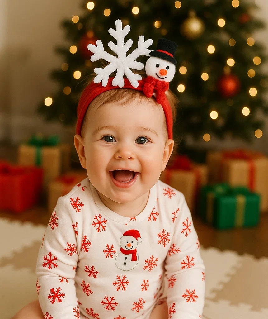 Snowman Baby Headband with Snowflake and Red Bow