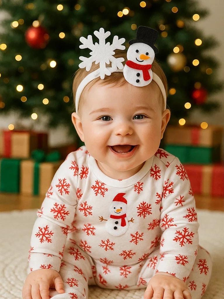 Christmas Snowman Baby Headband with Snowflake and Red Scarf