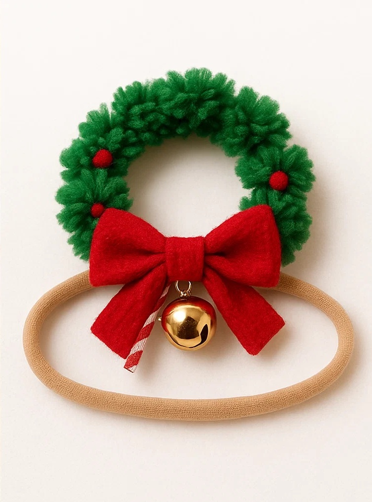 Christmas Wreath Baby Headband with Red Bow and Bell