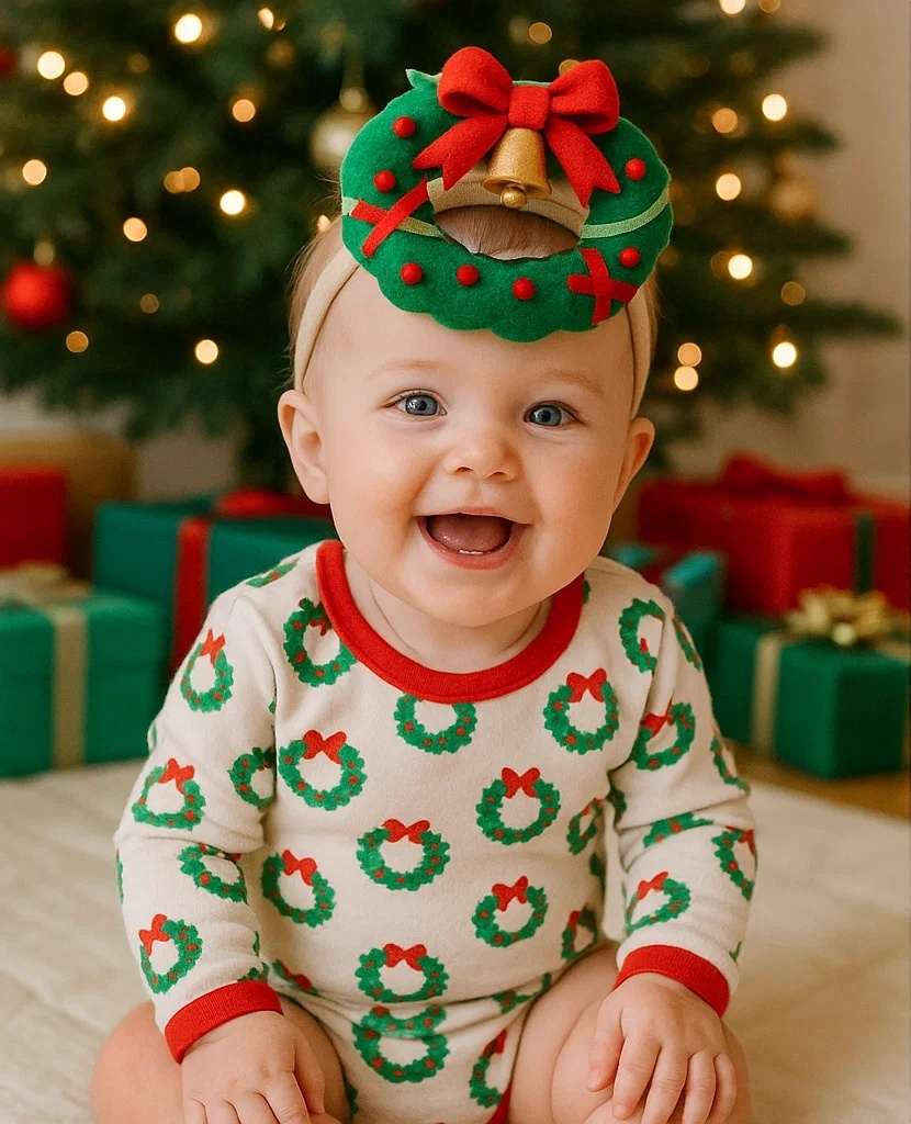 Festive Wreath Baby Headband with Red Bows and Jingle Bell