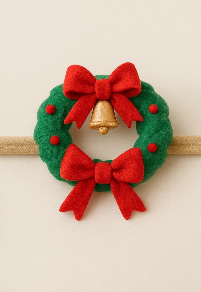Festive Wreath Baby Headband with Red Bows and Jingle Bell
