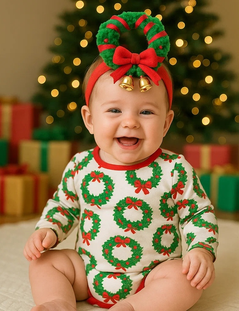 Christmas Wreath Baby Headband with Gold Bells and Red Bow