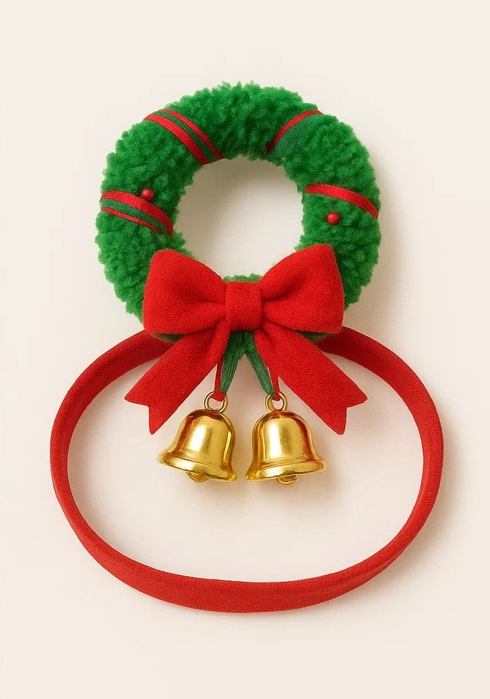 Christmas Wreath Baby Headband with Gold Bells and Red Bow