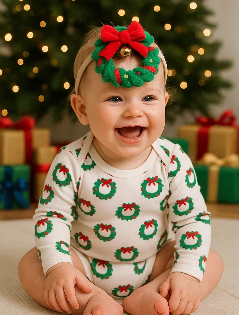 Festive Christmas Wreath Baby Headband with Red Bow and Bell