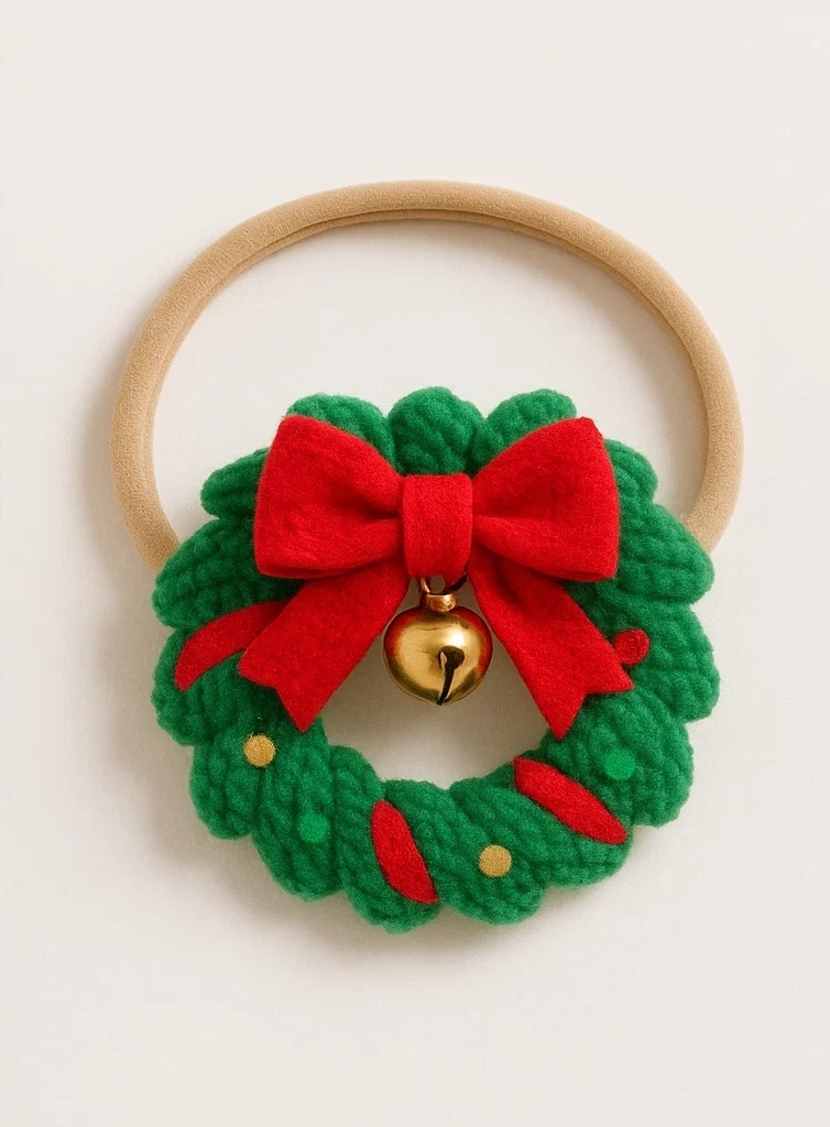 Festive Christmas Wreath Baby Headband with Red Bow and Bell