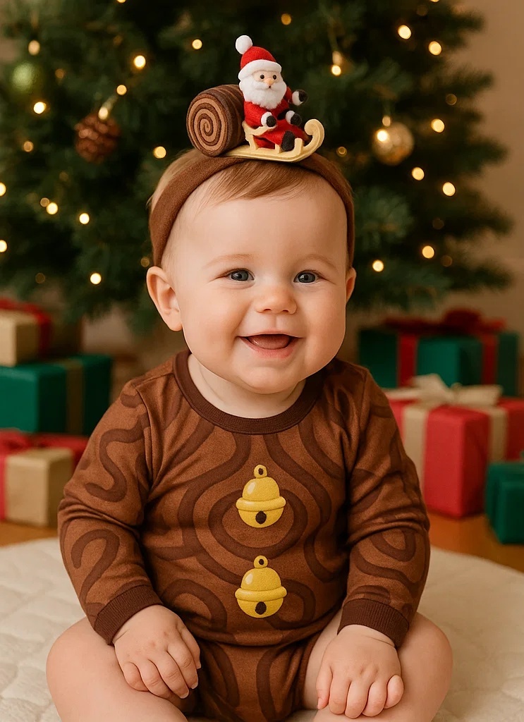 Santa's Cozy Log Sleigh Baby Headband with Golden Sled
