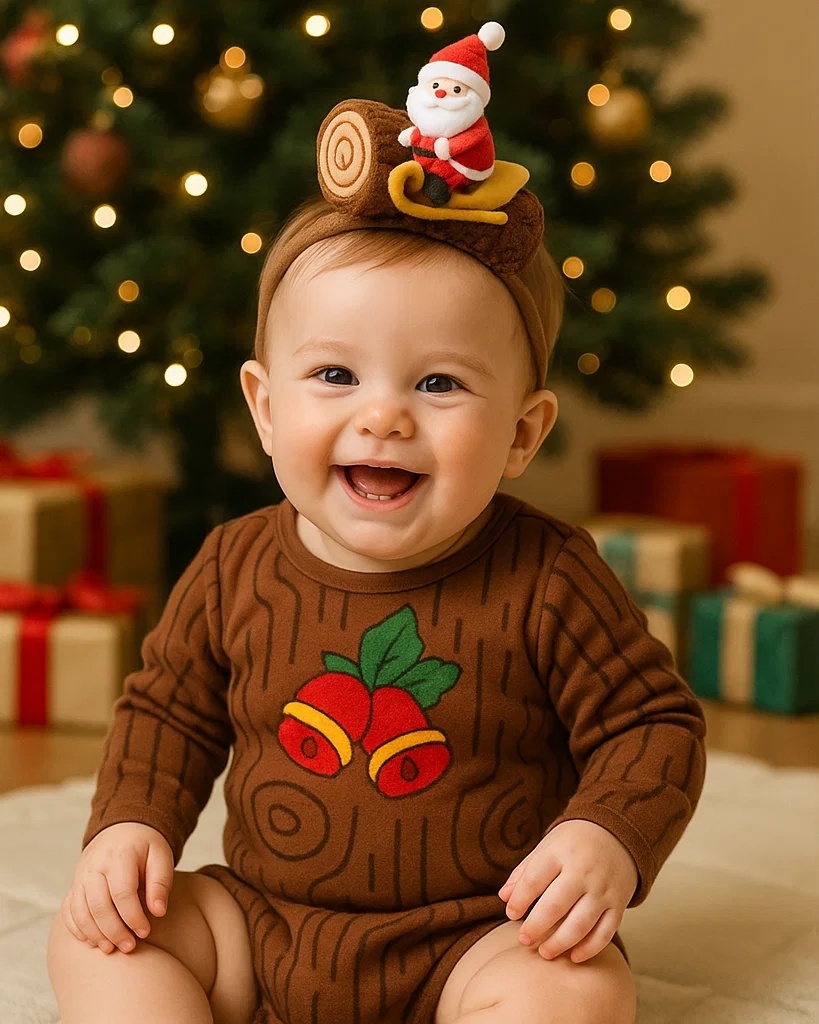 Santa's Sleigh Ride Baby Headband with Log Design