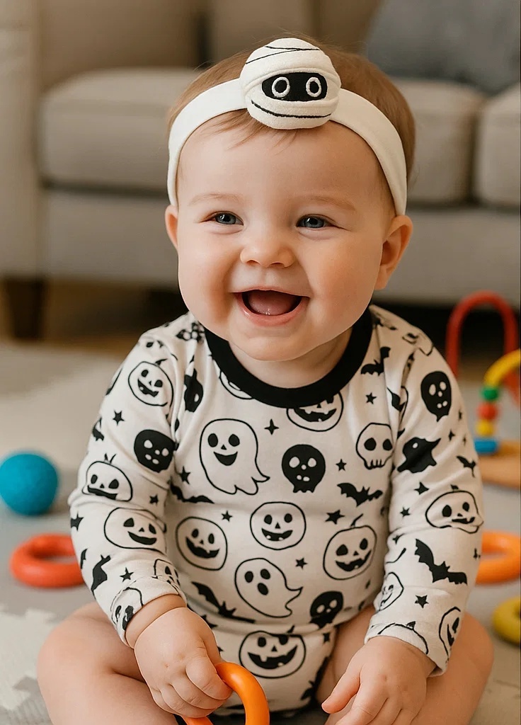 Peeking Mummy Halloween Baby Headband - Monochrome Eye Wrap Plush Design