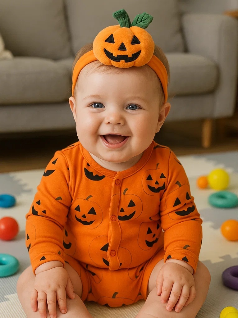 Smiley Jack-O'-Lantern Baby Headband - Plush Pumpkin Halloween Hairband