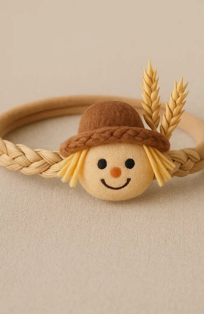 Scarecrow Baby Headband - Harvest-Inspired Design with Cute Straw Hat and Wheat