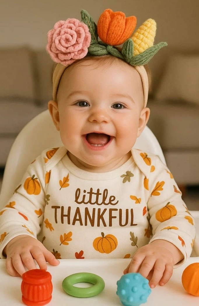 Baby Thanksgiving Headband with Crocheted Rose and Corn Design