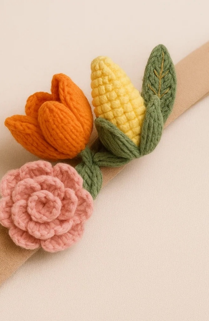 Baby Thanksgiving Headband with Crocheted Rose and Corn Design