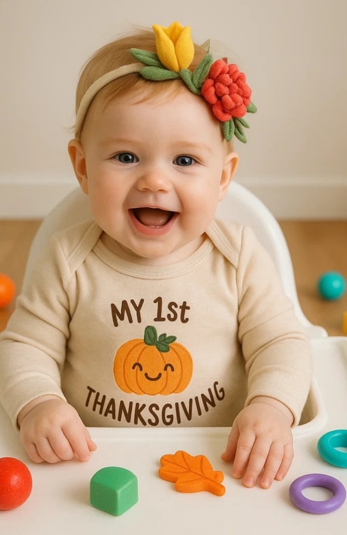 Baby Thanksgiving Headband with Crocheted Pumpkin, Flower, and Corn Design