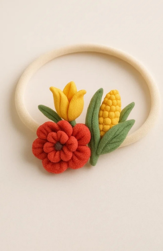 Baby Thanksgiving Headband with Crocheted Pumpkin, Flower, and Corn Design