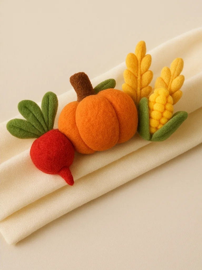 Baby Thanksgiving Headband with Crocheted Pumpkin, Corn, and Radish Design