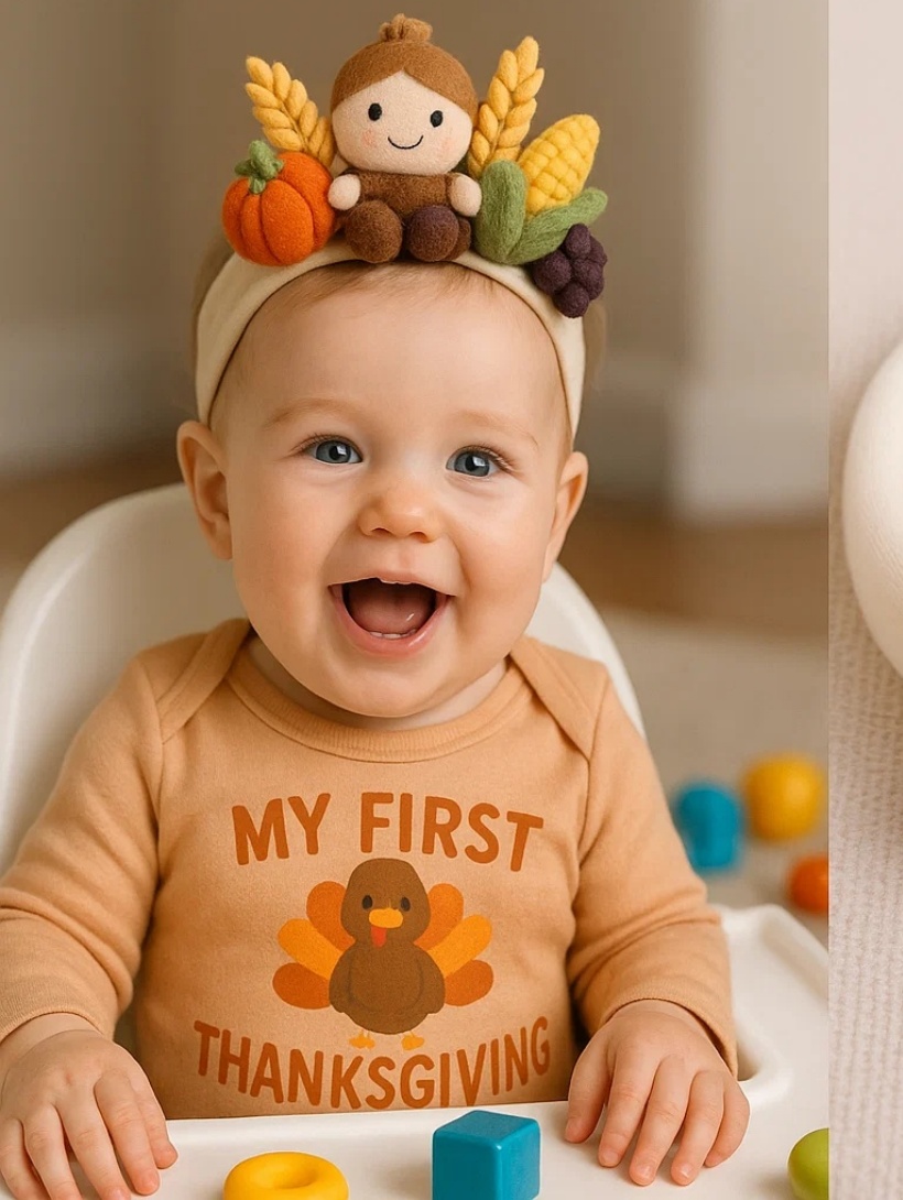 Baby Thanksgiving Headband with Crocheted Harvest Girl, Pumpkin, Corn, and Grapes Design