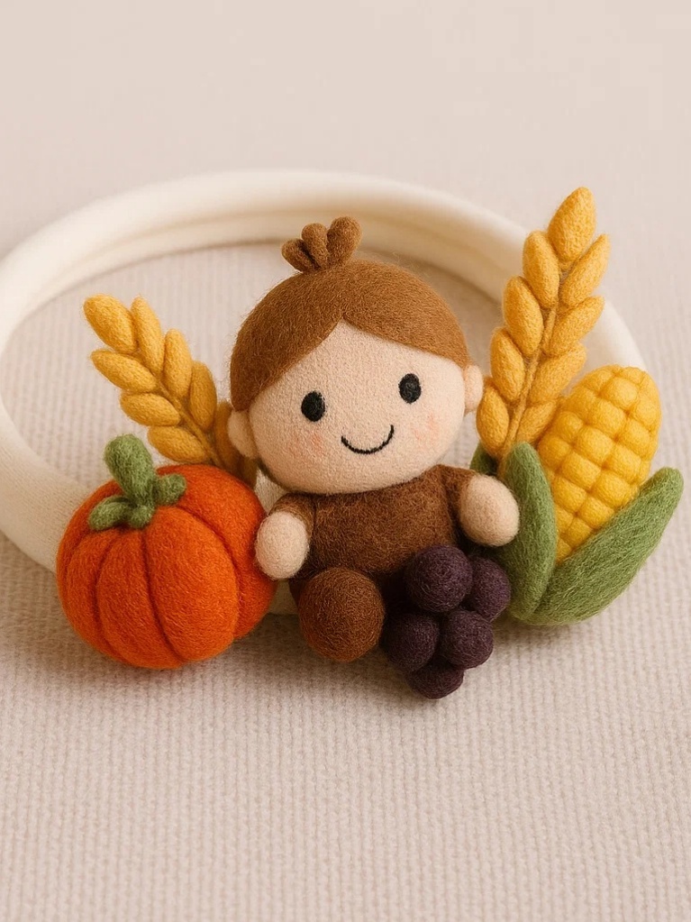 Baby Thanksgiving Headband with Crocheted Harvest Girl, Pumpkin, Corn, and Grapes Design
