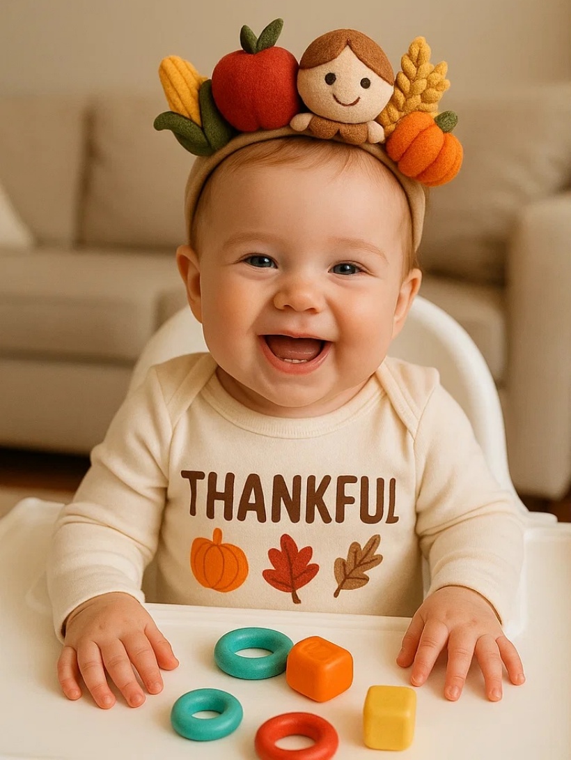 Baby Thanksgiving Headband with Crocheted Harvest Girl, Apple, Pumpkin, and Wheat Design