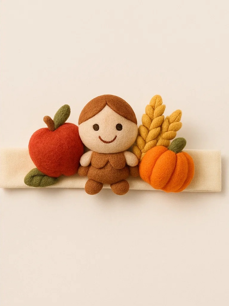 Baby Thanksgiving Headband with Crocheted Harvest Girl, Apple, Pumpkin, and Wheat Design