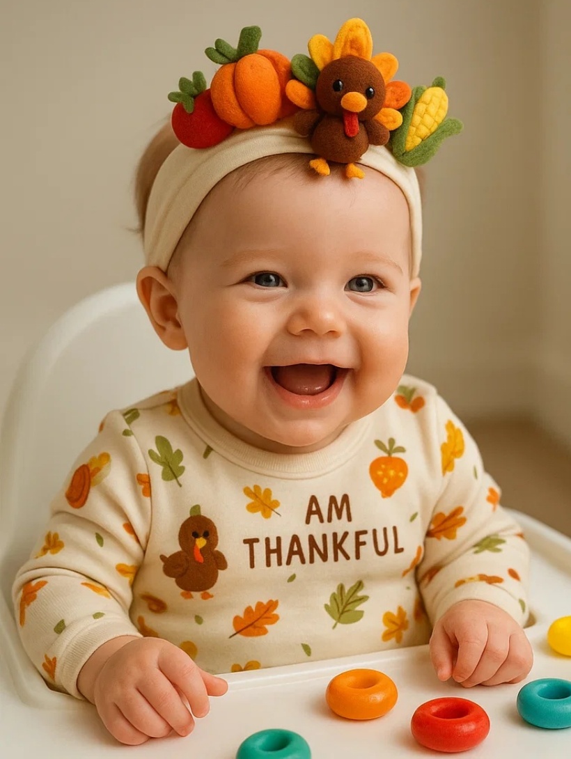 Baby Thanksgiving Headband with Crocheted Turkey, Pumpkin, Corn, and Tomato Design