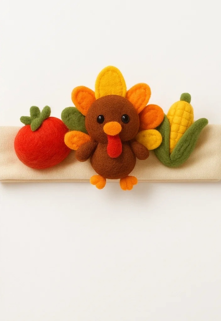Baby Thanksgiving Headband with Crocheted Turkey, Pumpkin, Corn, and Tomato Design