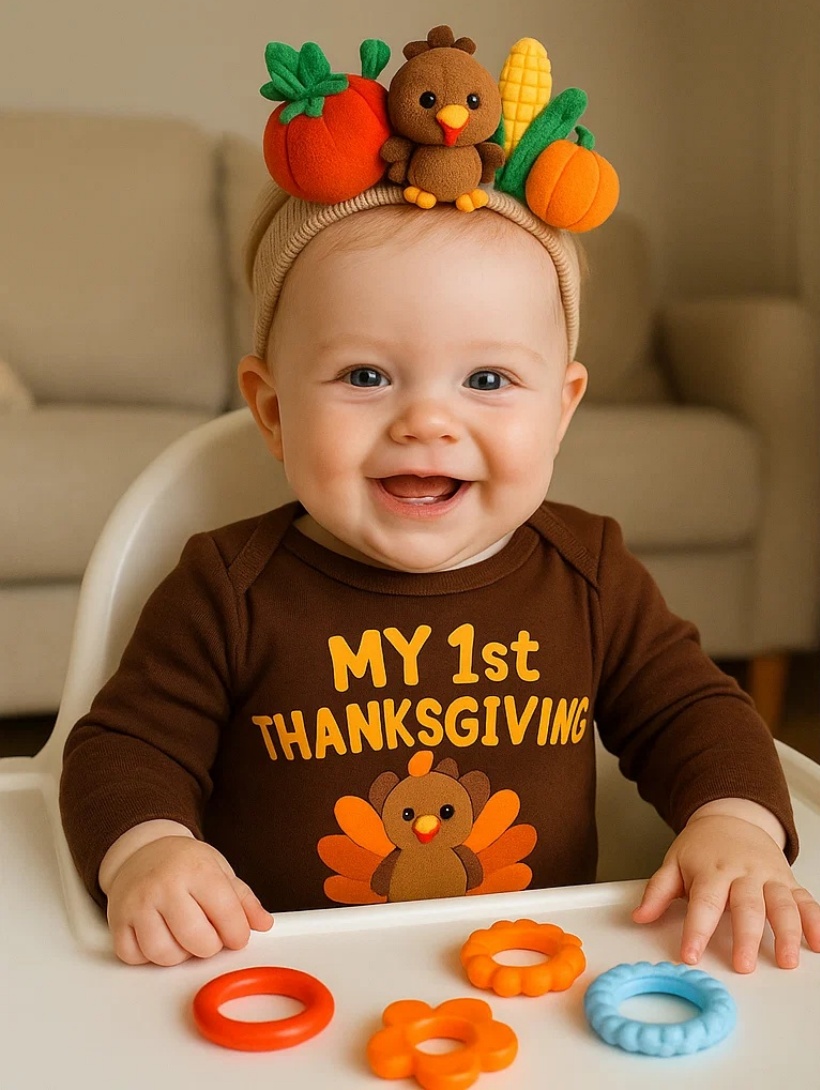Baby Thanksgiving Headband with Crocheted Turkey, Pumpkins, Corn, and Tomato Design