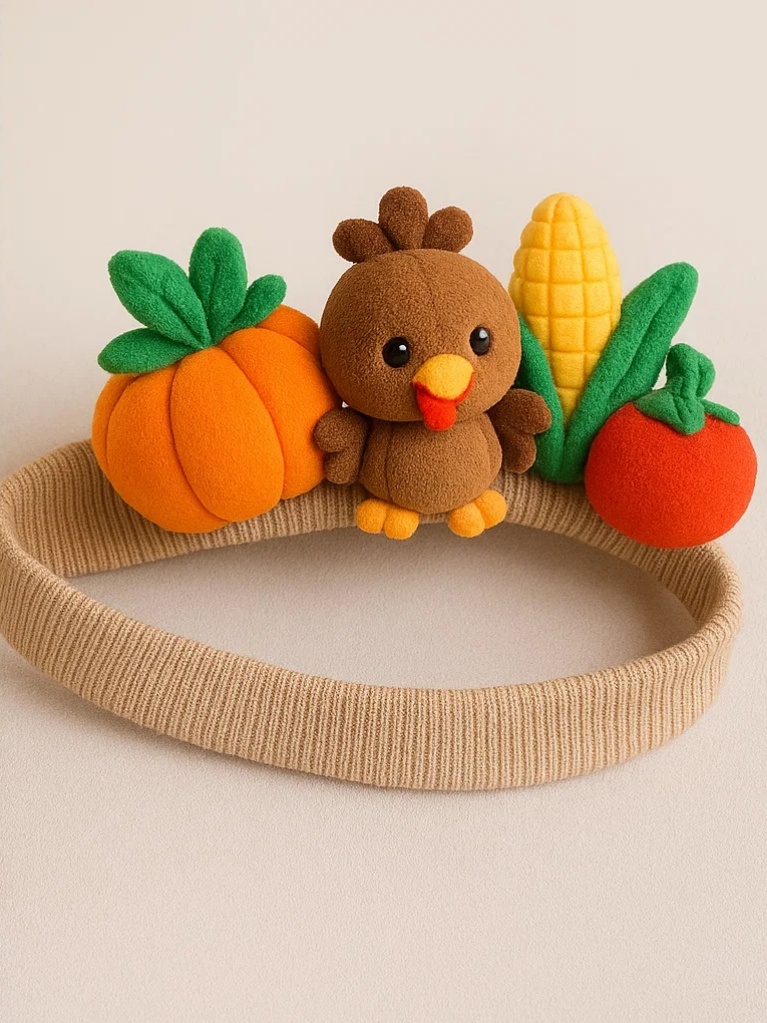 Baby Thanksgiving Headband with Crocheted Turkey, Pumpkins, Corn, and Tomato Design