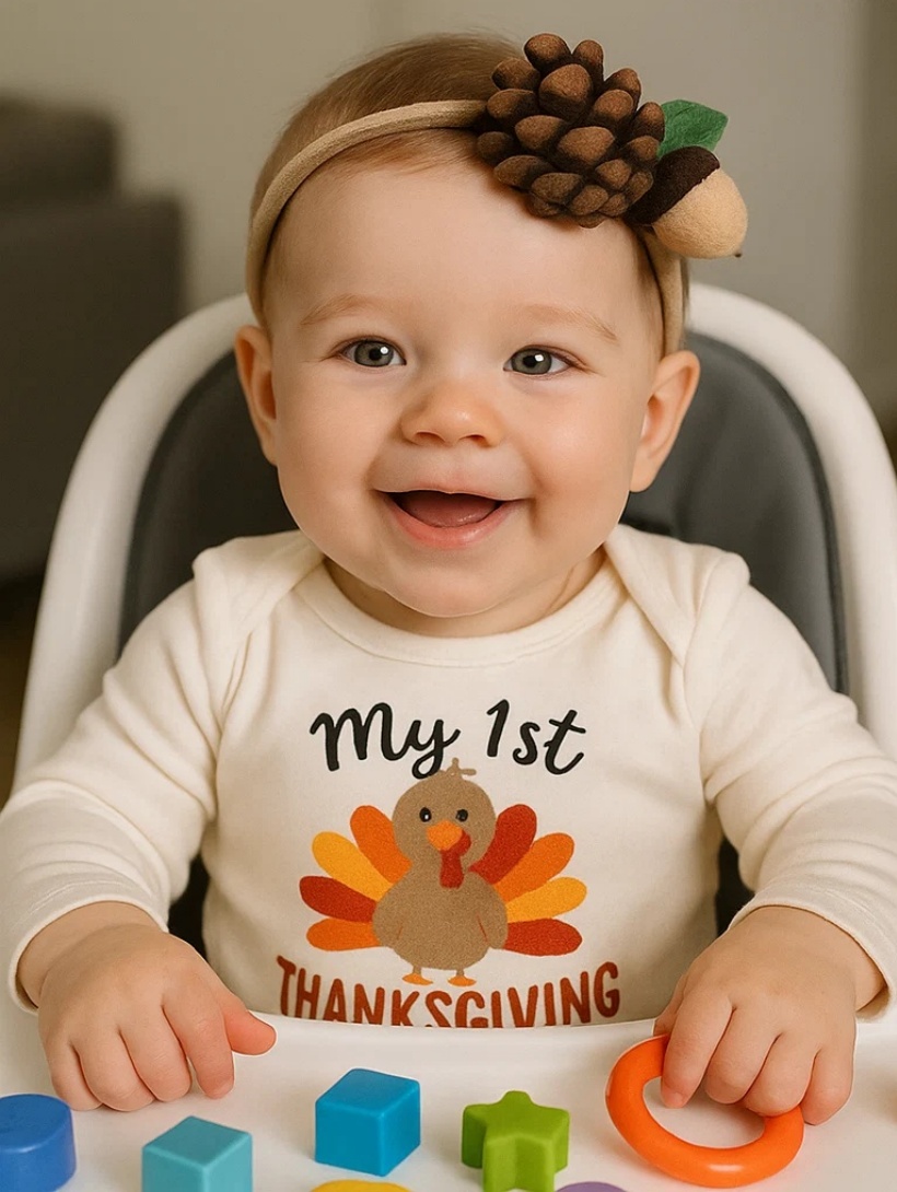 Baby Thanksgiving Headband with Crocheted Pinecone, Acorn, and Leaf Design