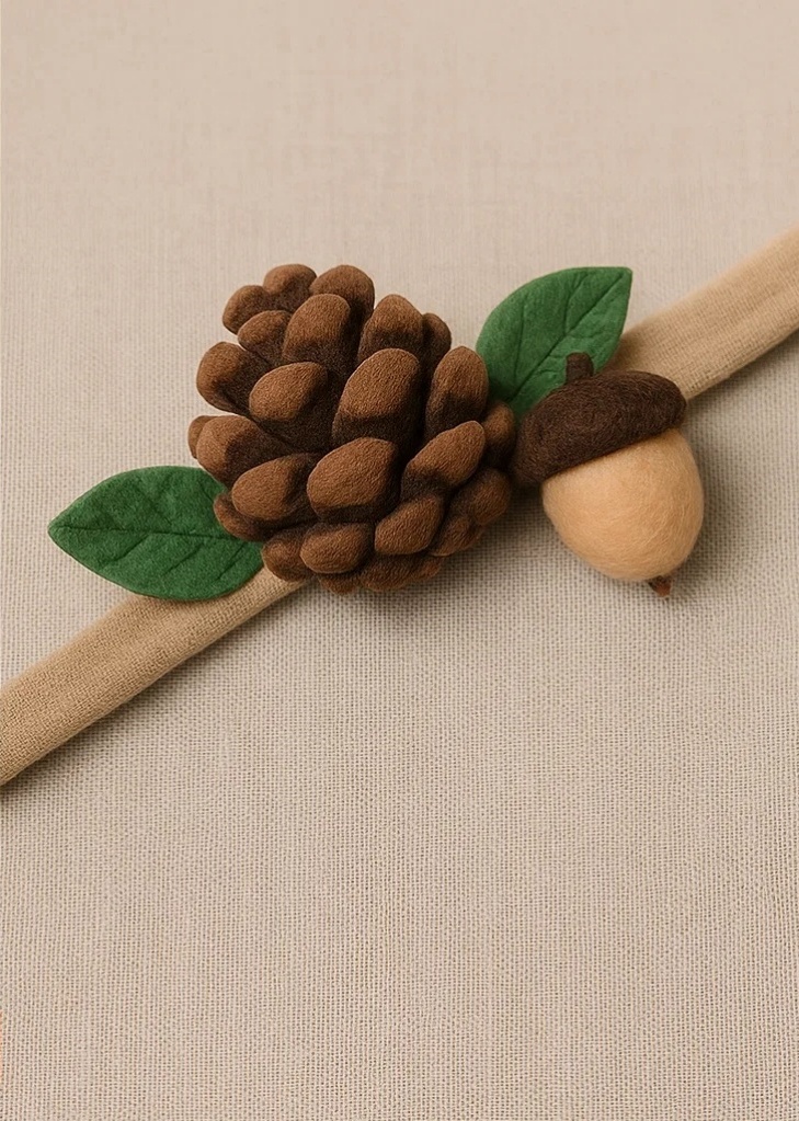 Baby Thanksgiving Headband with Crocheted Pinecone, Acorn, and Leaf Design