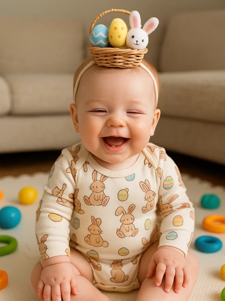 Easter Basket Baby Headband with Bunny and Colorful Eggs - Soft and Adjustable for Infants & Toddlers