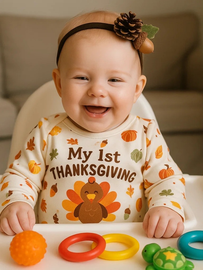 Baby Thanksgiving Headband with Crocheted Pinecone and Acorn Design