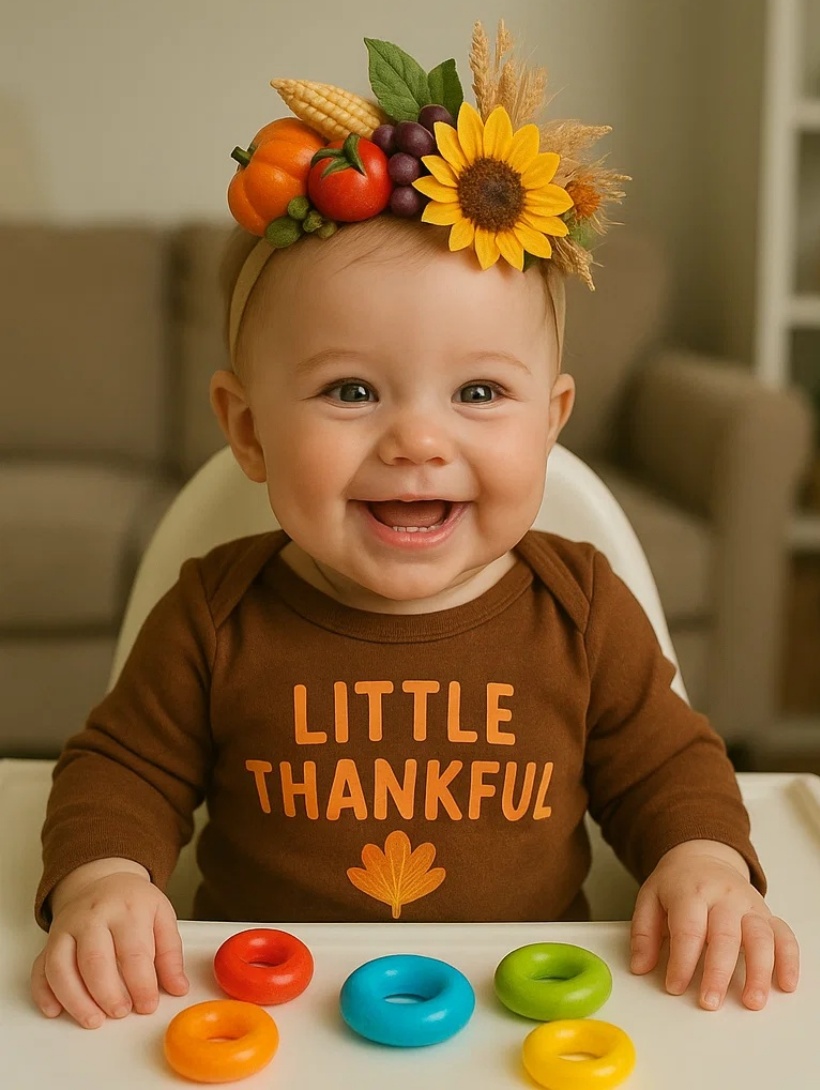 Baby Thanksgiving Headband with Pumpkin, Tomato, Sunflower, and Corn Design
