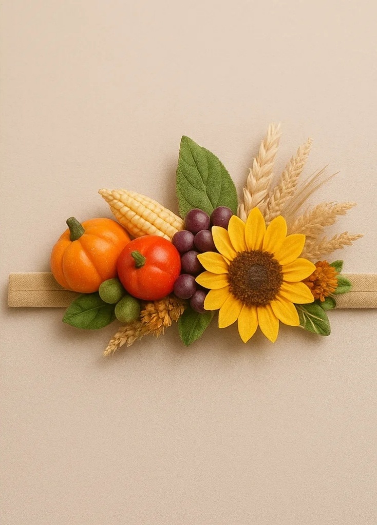 Baby Thanksgiving Headband with Pumpkin, Tomato, Sunflower, and Corn Design