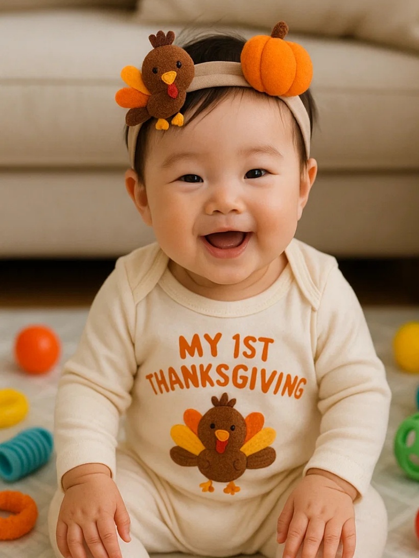 Thanksgiving Turkey and Pumpkin Baby Headband - Soft and Adjustable for Infants & Toddlers