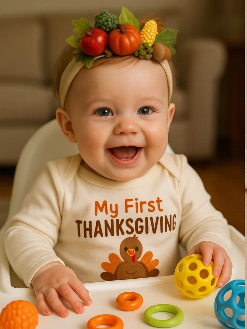 Autumn Harvest Baby Headband with Pumpkins, Corn, Acorns, and Pinecones
