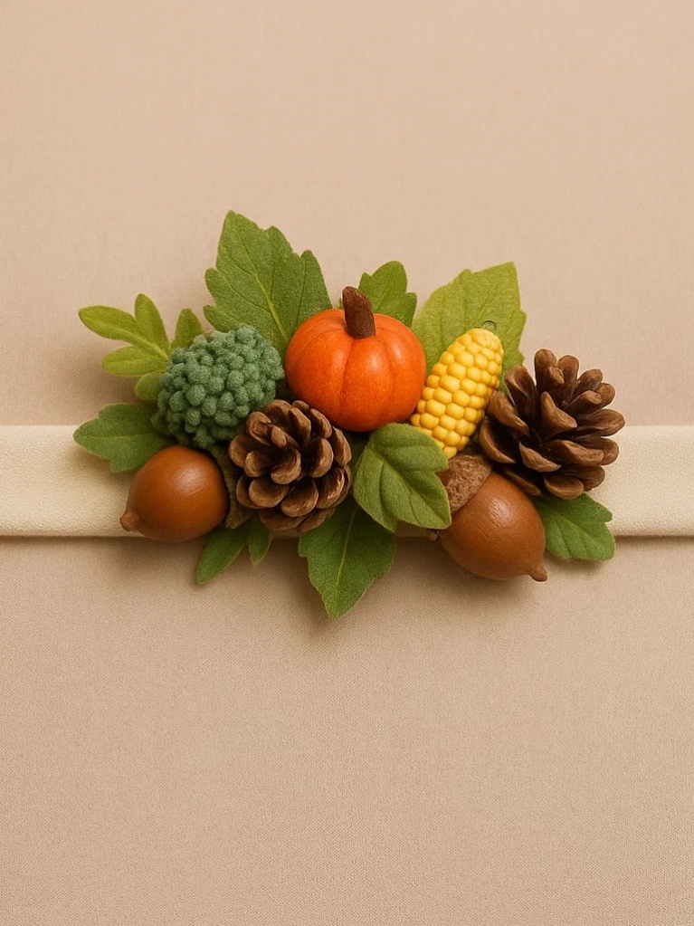 Autumn Harvest Baby Headband with Pumpkins, Corn, Acorns, and Pinecones