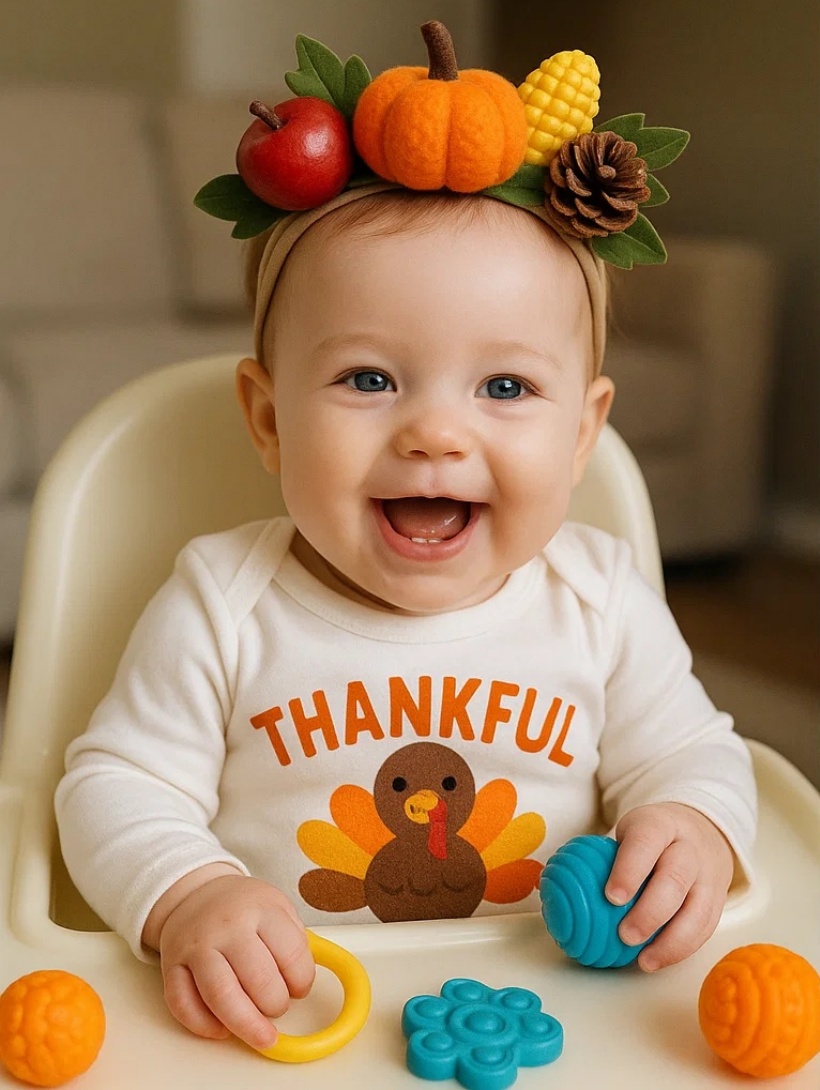 Thankful Harvest Baby Headband with Pumpkins, Apples, Acorns, and Pinecones