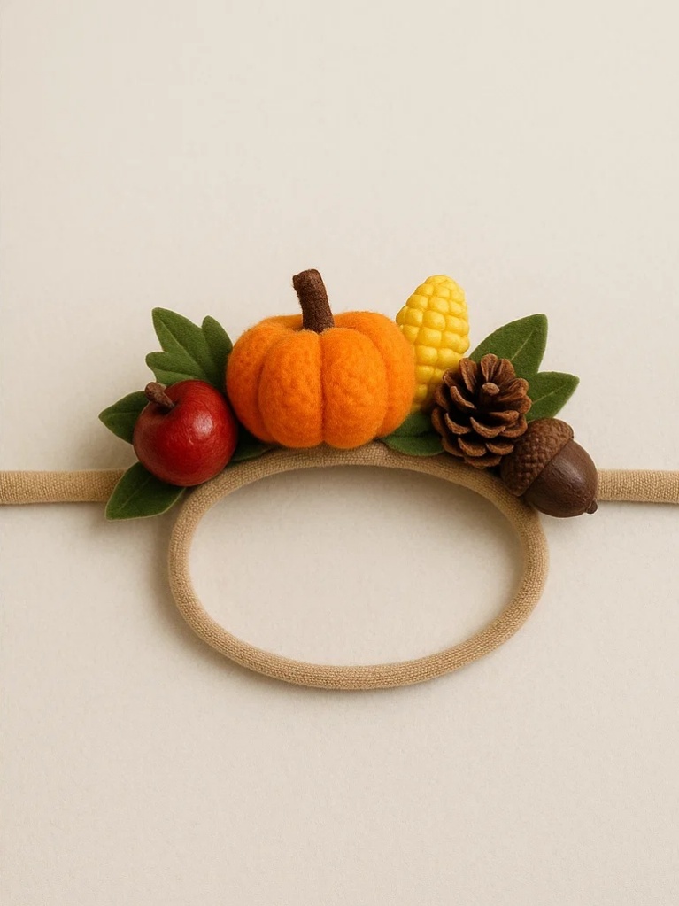 Thankful Harvest Baby Headband with Pumpkins, Apples, Acorns, and Pinecones