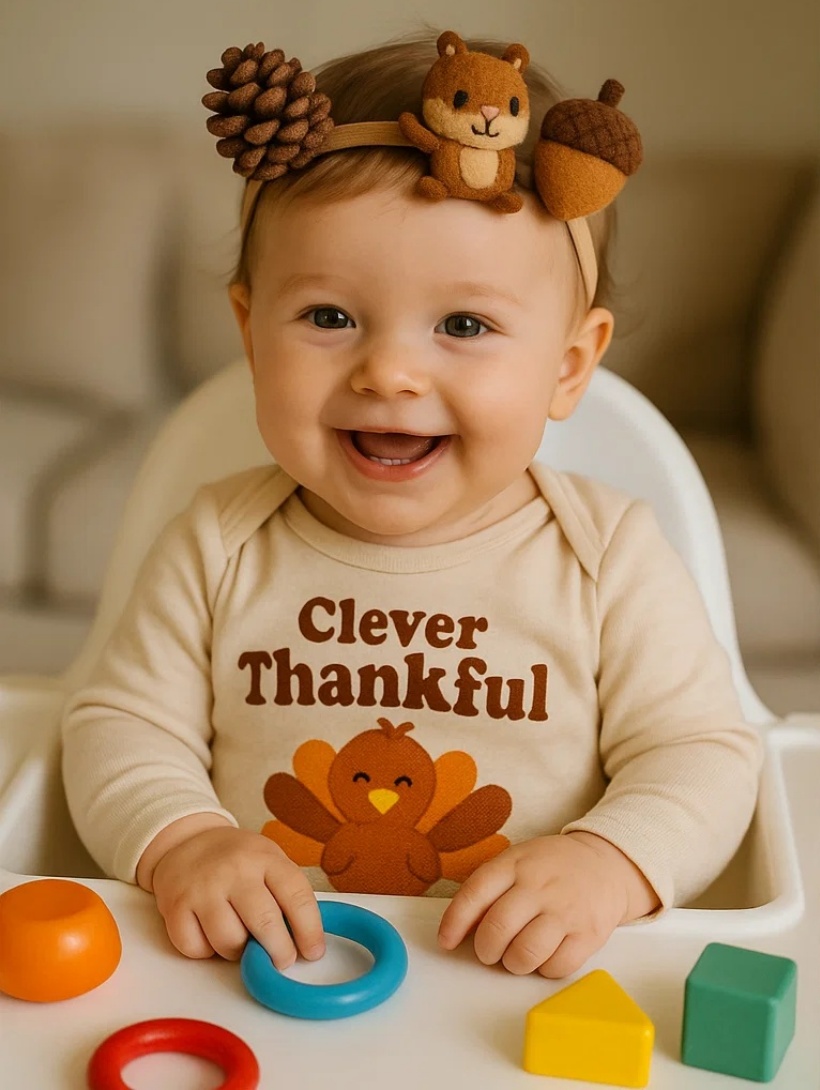 Clever Squirrel Baby Headband with Acorns and Pinecones
