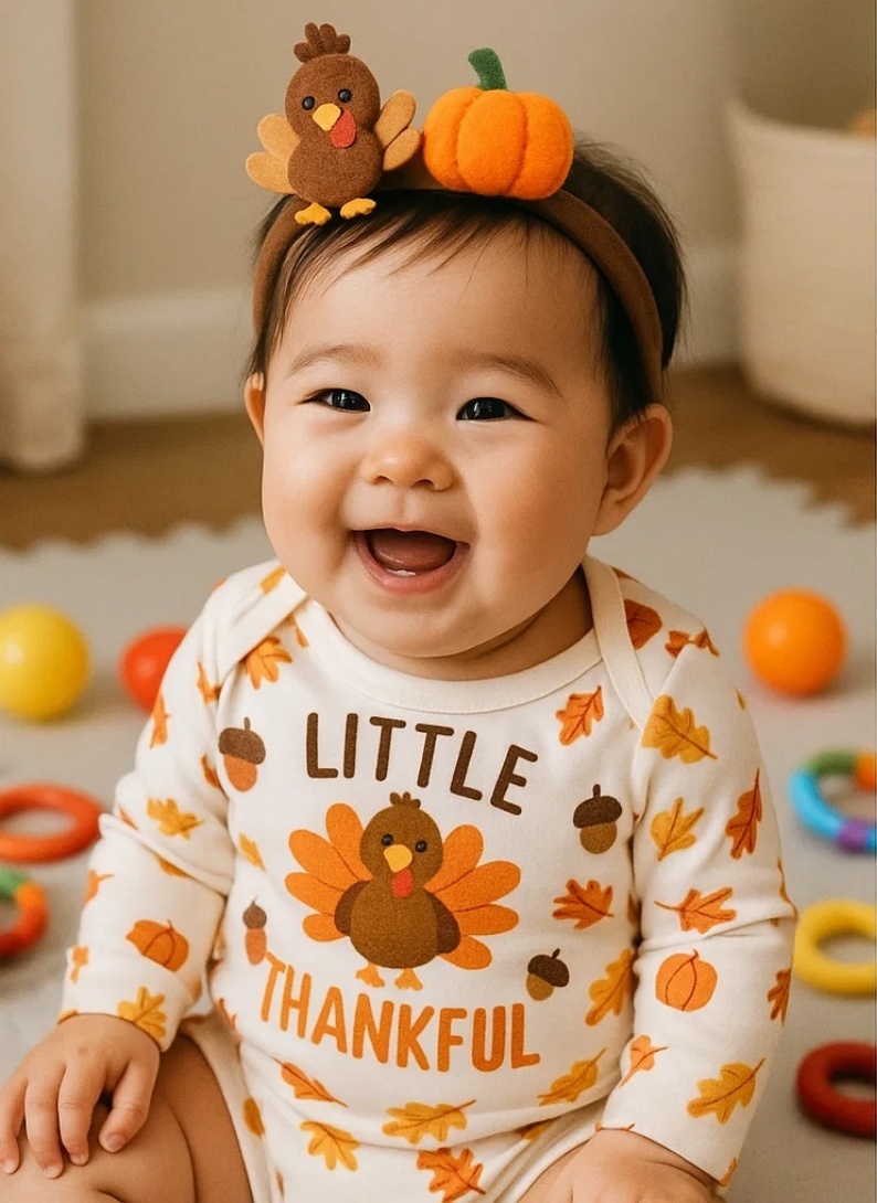 Harvest Turkey and Pumpkin Baby Headband - Adorable Felt Design for Little Ones' Thanksgiving