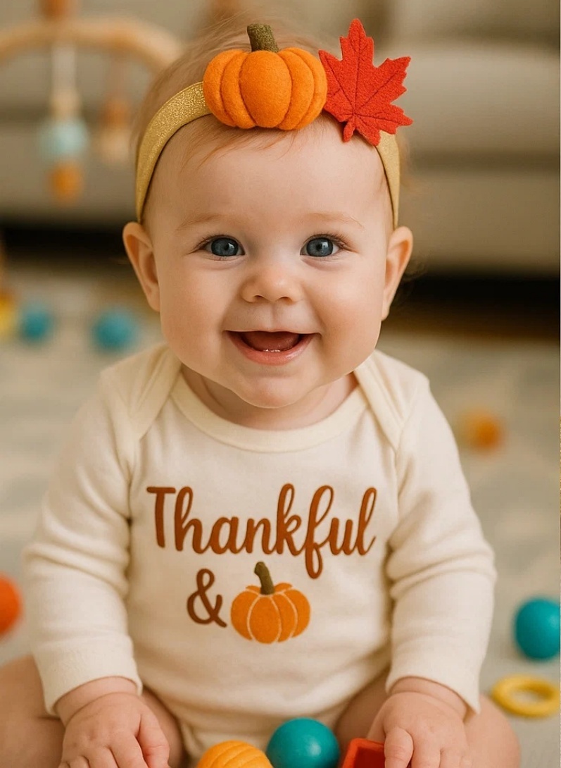 Autumn Harvest Baby Headband with Pumpkin and Maple Leaf - Perfect for Thanksgiving