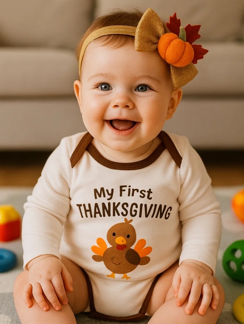 Thanksgiving Pumpkin and Leaf Baby Headband - Gold Bow Design for Little Ones