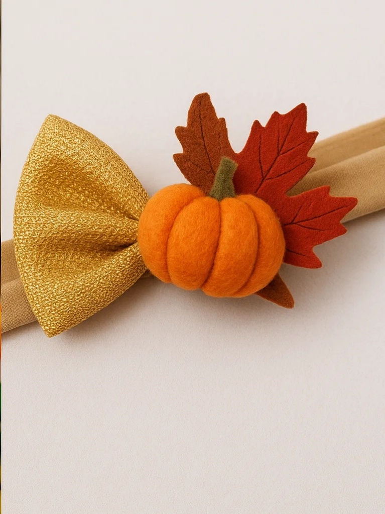 Thanksgiving Pumpkin and Leaf Baby Headband - Gold Bow Design for Little Ones