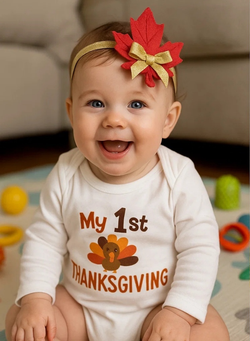Golden Leaf Thanksgiving Baby Headband - Festive Fall Design with Red Leaves and Gold Bow