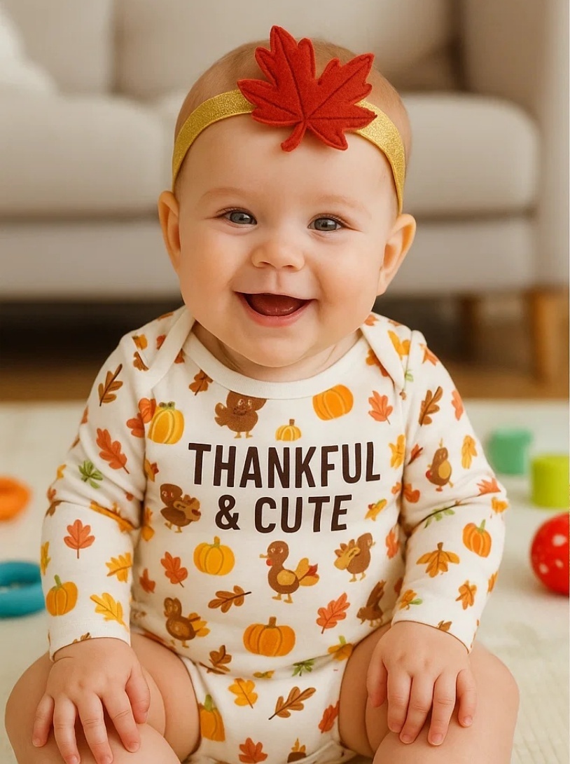 Fall Foliage Baby Headband - Vibrant Red Maple Leaf with Golden Bow for Thanksgiving