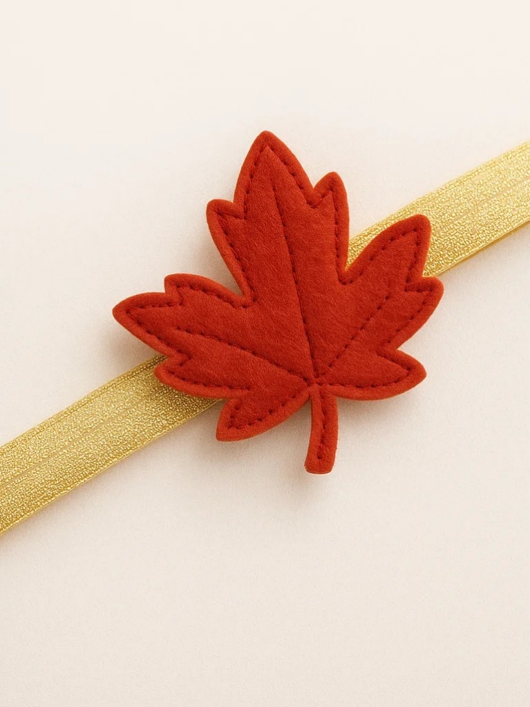 Fall Foliage Baby Headband - Vibrant Red Maple Leaf with Golden Bow for Thanksgiving