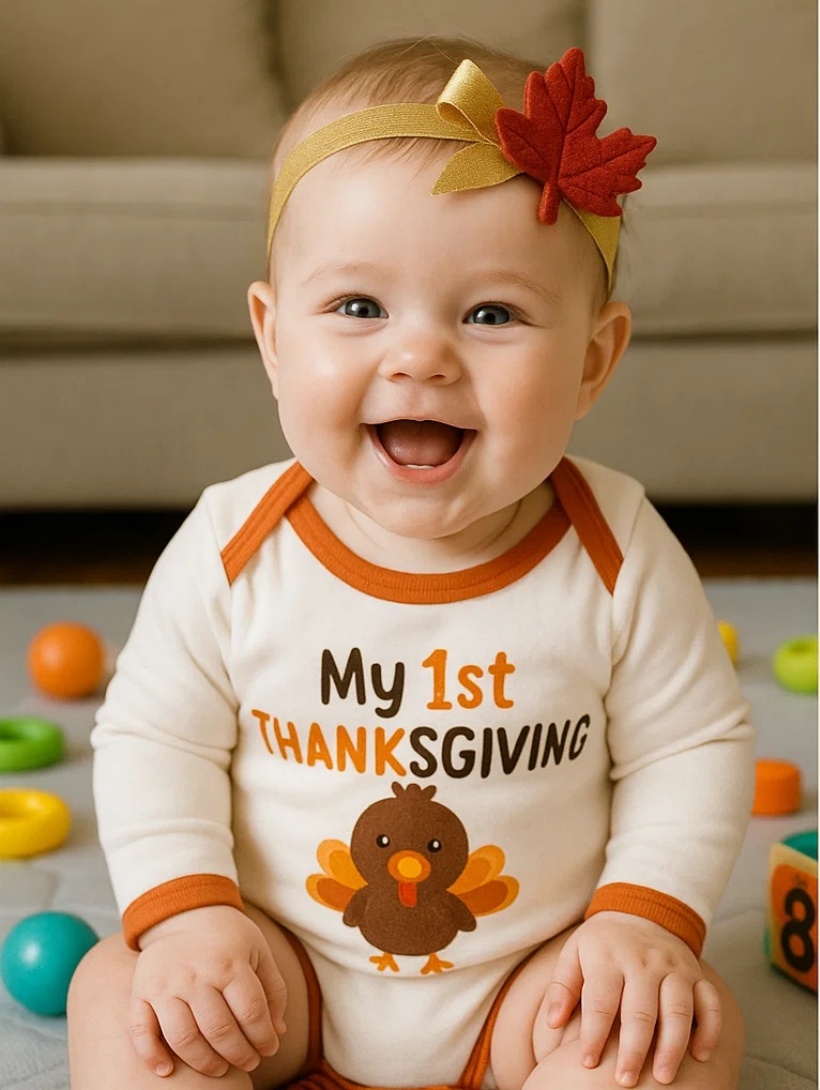 Autumn Leaf Baby Headband - Red Maple Leaf with Gold Bow for Thanksgiving