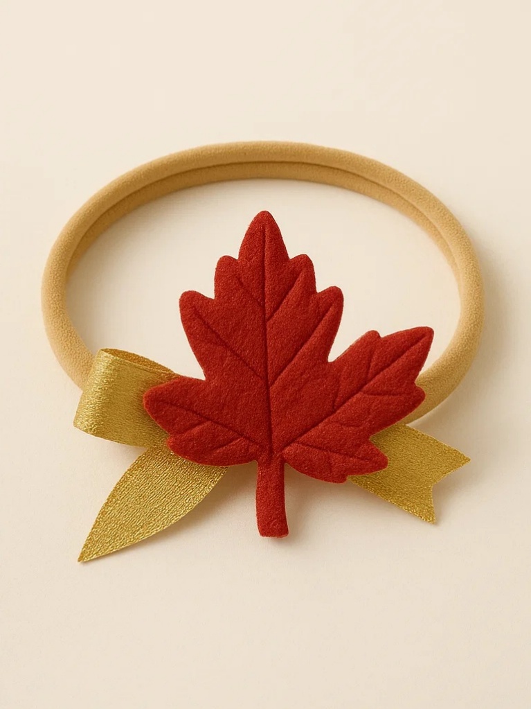 Autumn Leaf Baby Headband - Red Maple Leaf with Gold Bow for Thanksgiving
