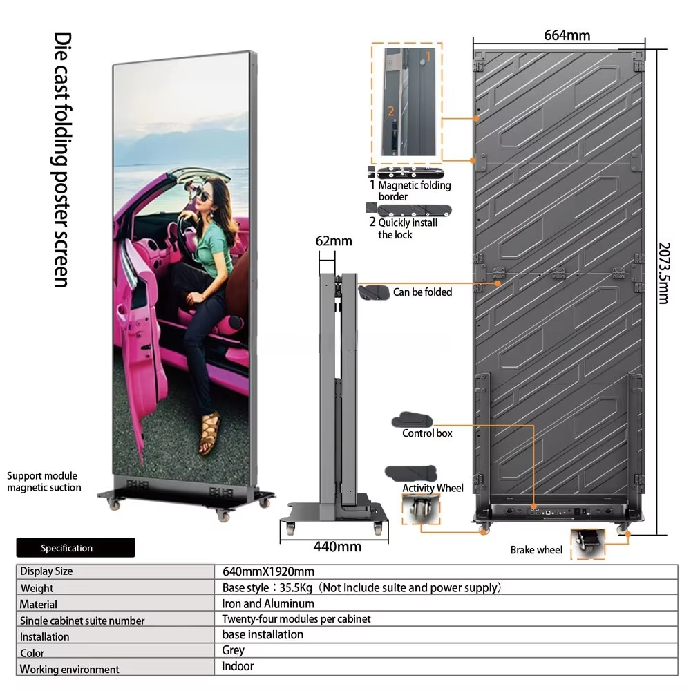 Indoor P2.5,P2,P1.86.P1.538,P1.25 Foldable Poster Display With 640x1920mm GOB Surface