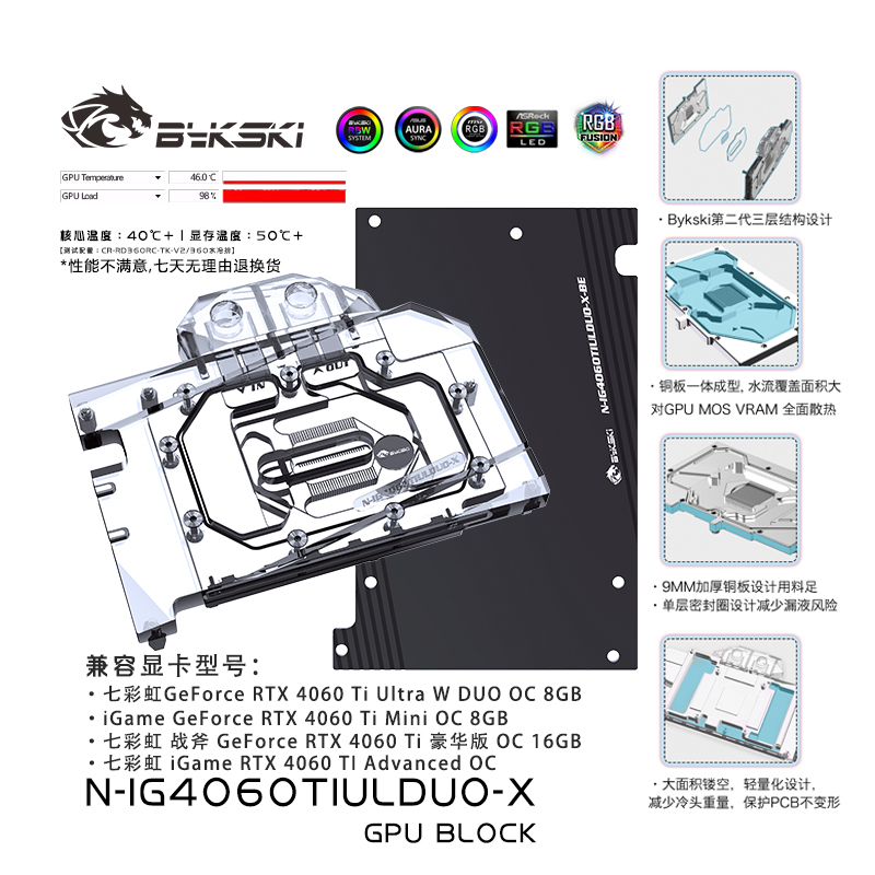 Bykski N-IG4060TIULDUO-X graphics card water-cooled head Colorful GeForce RTX 4060 Ti